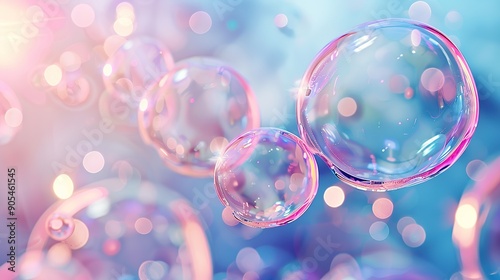 Blue and pink realistic soap bubble background. Dream light with magic reflection. 3d abstract foam sphere banner bg. Cleaning or laundry illustration with floating shampoo orb panorama design1 photo