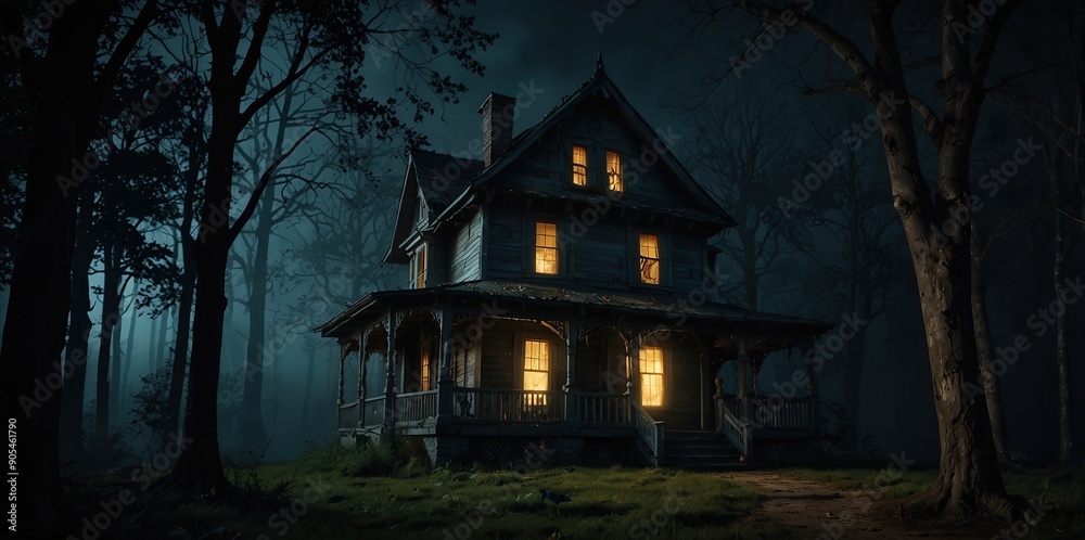 .Horror halloween haunted house in creepy night forest .Horror halloween haunted house in creepy night forest