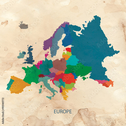 Europa map color on vintage old paper