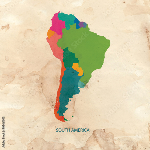 SOUTH AMERICA COLOR MAP on old vintage paper