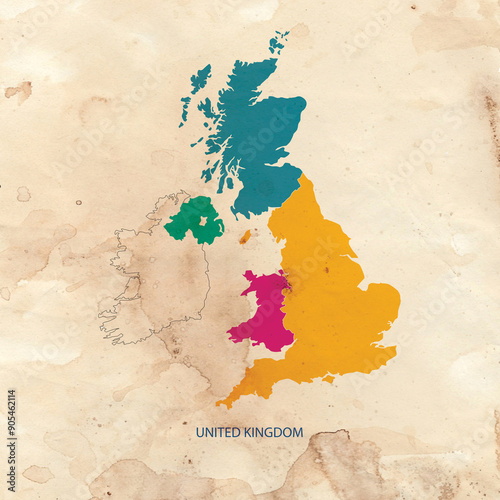 UK MAP color on vintage old paper, United Kingdom map