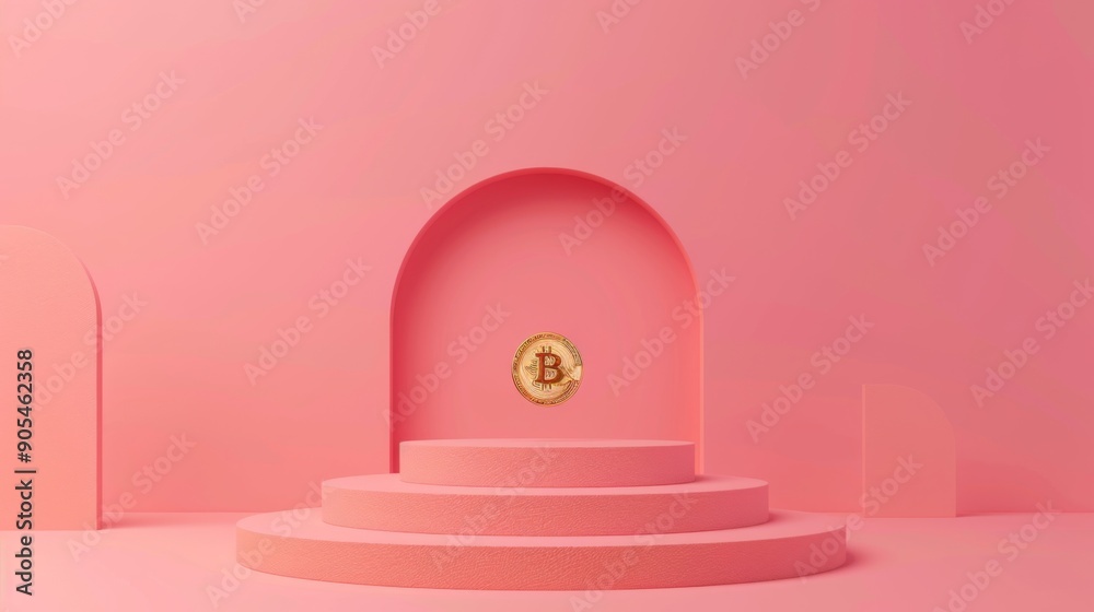 3d rendering of minimal scene of blank podium with cryptocurrency bitcoin theme. Display stand for product presentation mock up. Cylinder stage in cryptocurrency bitcoin color with simple design 3d rendering of minimal scene of blank podium with cryptocurrency bitcoin theme. Display stand for product presentation mock up. Cylinder stage in cryptocurrency bitcoin color with simple design