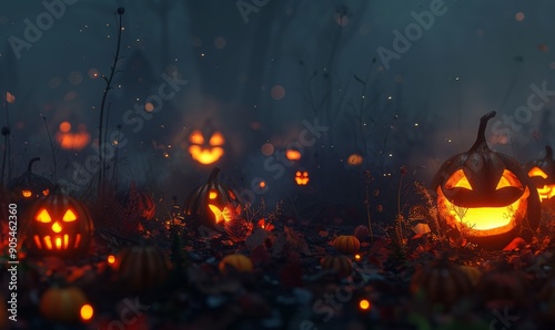 Spooky Halloween night with eerie fog and glowing jack-o'-lanterns, 31st October