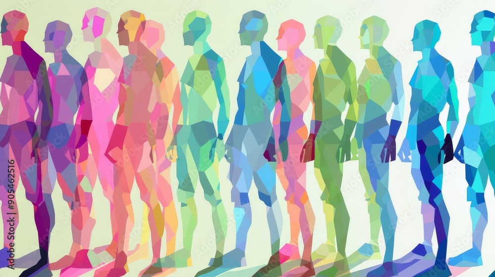 Vibrant geometric illustration of multi-coloured human figures, showcasing diversity and unity through abstract art forms Vibrant geometric illustration of multi-coloured human figures, showcasing diversity and unity through abstract art forms