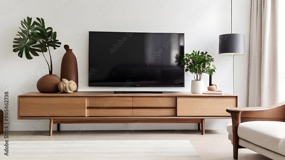 White walls, a minimalist decor, and a wooden TV cabinet in the living room White walls, a minimalist decor, and a wooden TV cabinet in the living room