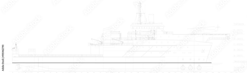 Vector sketch illustration design drawing of rescue transport ship with helicopter and tower crane Vector sketch illustration design drawing of rescue transport ship with helicopter and tower crane