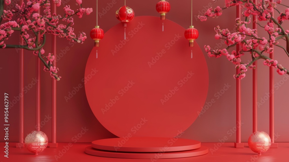 3d rendering of minimal scene of blank podium with Chinese lunar new year theme. Display stand for product presentation mock up. Chinese traditional texture 3d rendering of minimal scene of blank podium with Chinese lunar new year theme. Display stand for product presentation mock up. Chinese traditional texture
