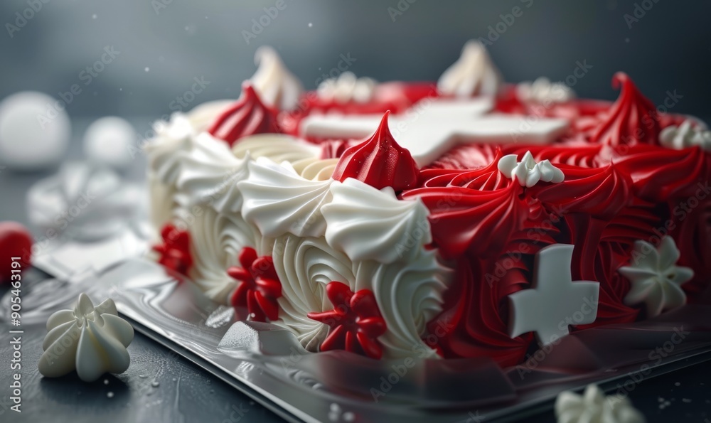 Swiss flag cake decorated with red and white icing, ready for a Swiss Flag Day celebration. Swiss flag cake decorated with red and white icing, ready for a Swiss Flag Day celebration.