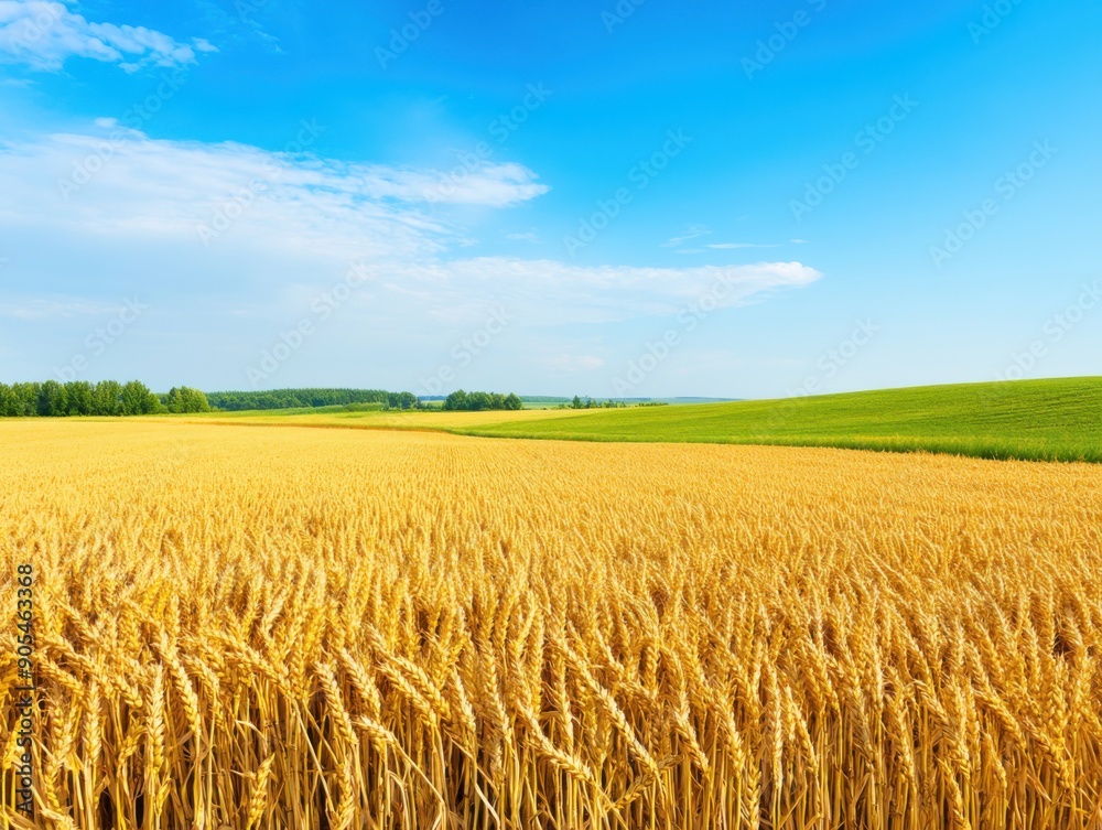 Naklejka premium Golden wheat field under clear blue sky