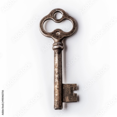 Medium shot of old key, isolated on a white background, bright and vivid tonality 