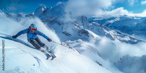 Skier Descending a Snowy Mountain photo