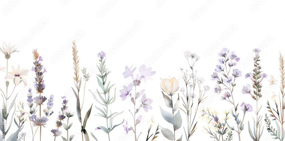 Naklejka premium Watercolor lavender blossom border flowers, white background