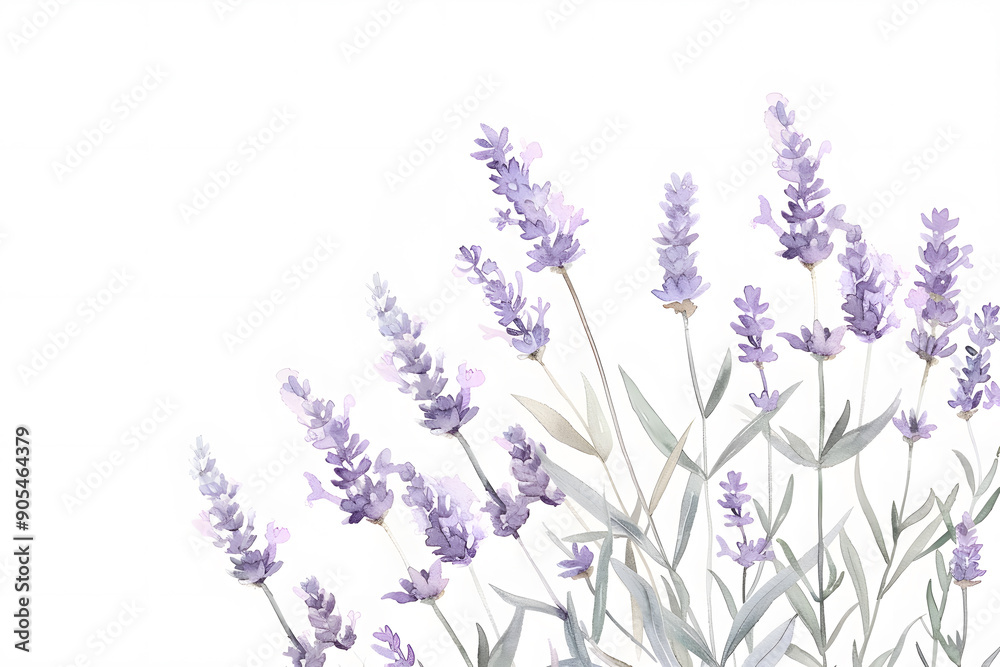 Fototapeta premium Watercolor lavender blossom border flowers, white background