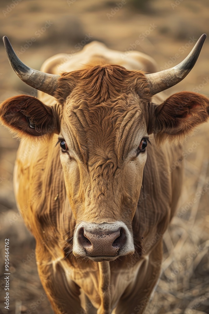 Majestic Menorcan Cow with Curved Horns Against Sky Background Majestic Menorcan Cow with Curved Horns Against Sky Background