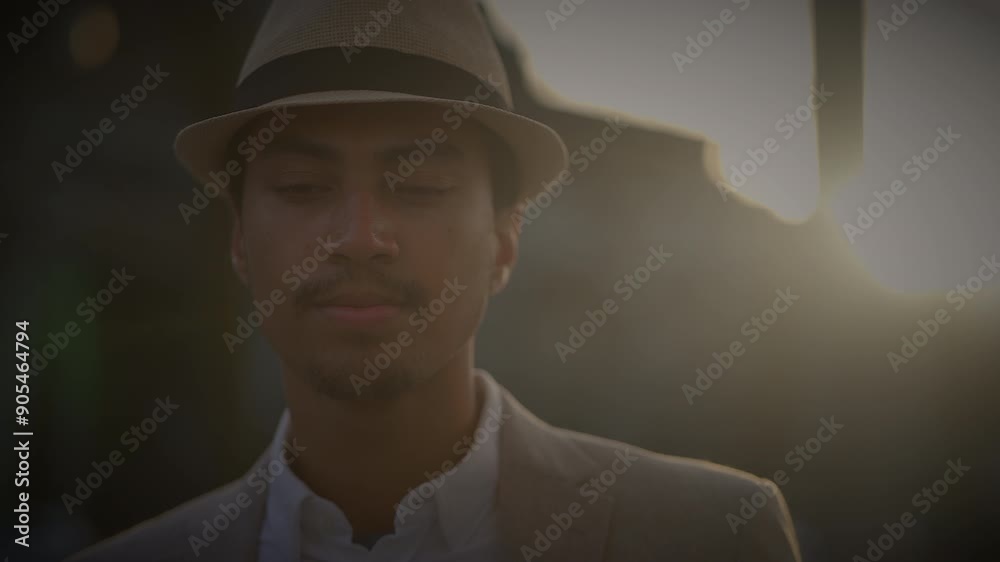 Man in hat peacefully contemplates at sunset, creating silhouette in tranquil setting Man in hat peacefully contemplates at sunset, creating silhouette in tranquil setting