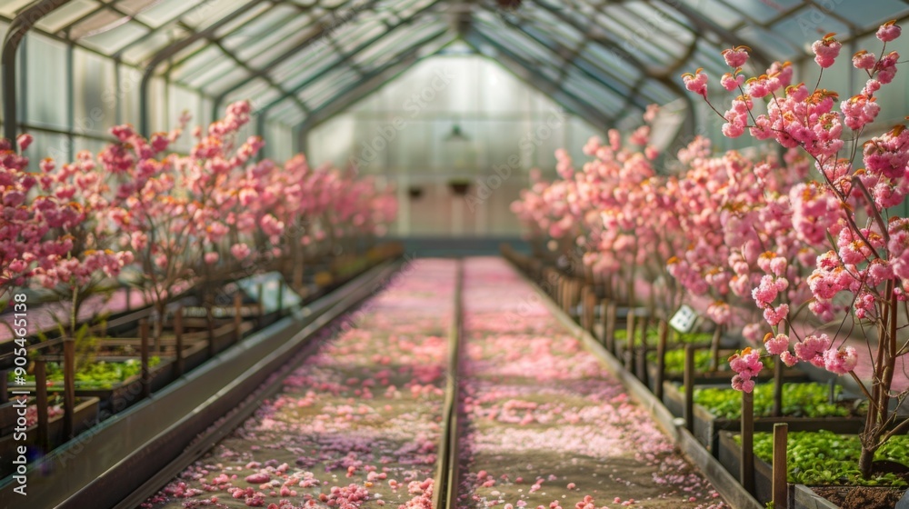Cherry blossom trees flourish inside a greenhouse, with vibrant pink flowers lining paths and petals scattered on the ground, indicating a beautiful spring day. Cherry blossom trees flourish inside a greenhouse, with vibrant pink flowers lining paths and petals scattered on the ground, indicating a beautiful spring day.