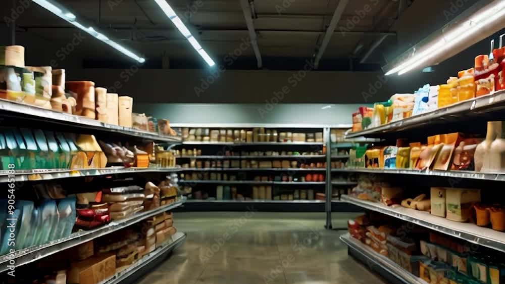 Empty Grocery Store Aisle with Rows of Products and Fluorescent Lighting Empty Grocery Store Aisle with Rows of Products and Fluorescent Lighting
