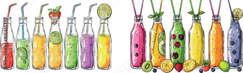 Illustration set of healthy smoothies and slacked natural fruits. Healthy, fresh drink diet, organic juice smoothie with fruit and berries.