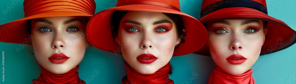 Three women in red hats, studio portrait, fashion, style, red lips Three women in red hats, studio portrait, fashion, style, red lips