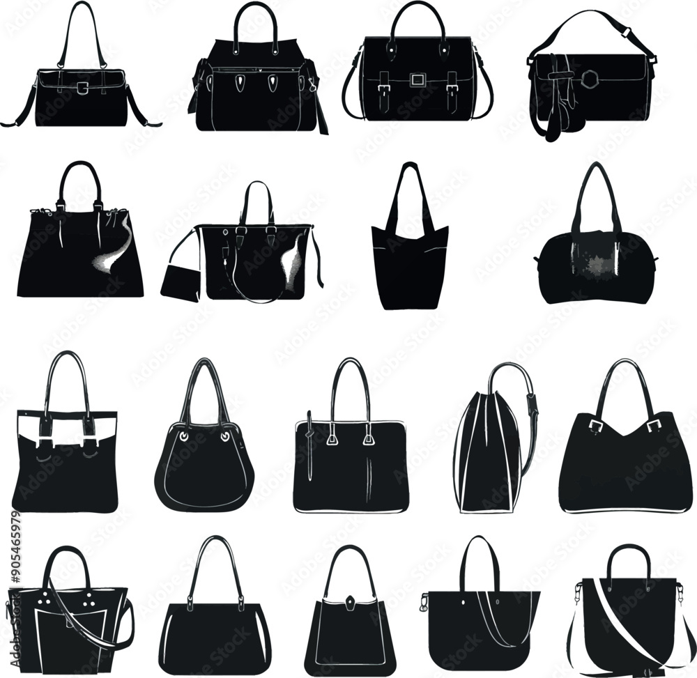 Isolated handbag icon set with a woman caricature of a purse in a fashionable black clutch and handbag style, trendy minimalist style with a modern black clutch and handbag icon. Isolated handbag icon set with a woman caricature of a purse in a fashionable black clutch and handbag style, trendy minimalist style with a modern black clutch and handbag icon.