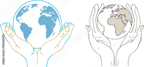 An illustration of Earth held in the hand by a human hand. Human hands holding an earth world planet in the hand. Global digital technology is depicted in continuous one-line drawings. The planet is