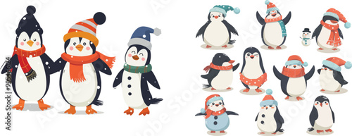 The Penguin. Hand drawn cute penguins wearing winter clothing and hats, merry christmas greetings animals in outerwear, kids cartoon modern set, unnamed penguin animal winter, illustration sketch of