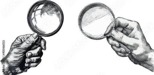 Retro detective magnifier, search sketch and antique loupe modern illustration. Male hand holding vintage equipment tool with glass for enlarging.