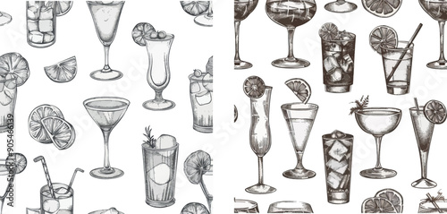 Vintage modern texture bar menu seamless pattern. Hand drawn cocktails with different glasses and goblets. Drinks include cherry cocktail, champagne, and pina colada.