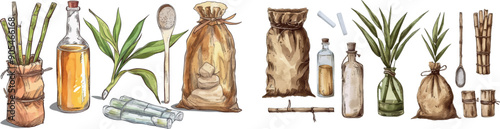 Drawing of sugar cane harvest. Sugar cube and sack, organic leaves and stalks, and a glass and bottle of rum. Illustration for making alcohol drinks