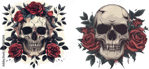 Hand drawn gothic tattoo graphic of skeleton head and red flowers. Vintage halloween death sketch modern symbol. Colorful blossom and green foliage.