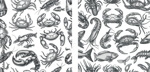 Seafood seamless pattern. Drawn lobster, crab, oyster, mussel, squid, shrimps and fishes. Design for cafe or restaurant.