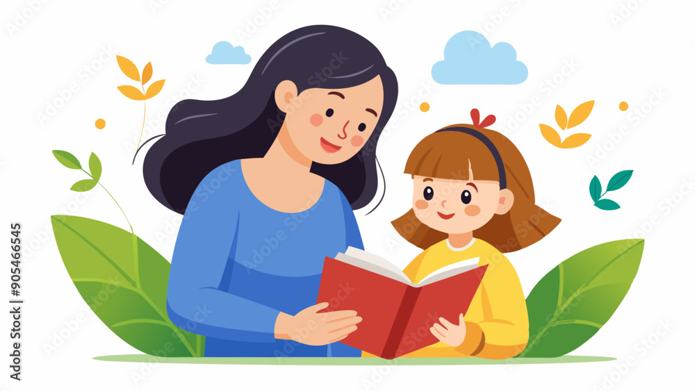 cute girl read books with mom vector illustration cute girl read books with mom vector illustration