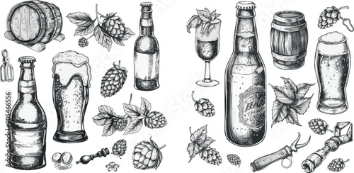 A hand drawn beer. Sketched glasses, mugs, barrels and bottles. Hops, malt and barley, objects for a modern pub menu set. Craft beer, isolated elements.