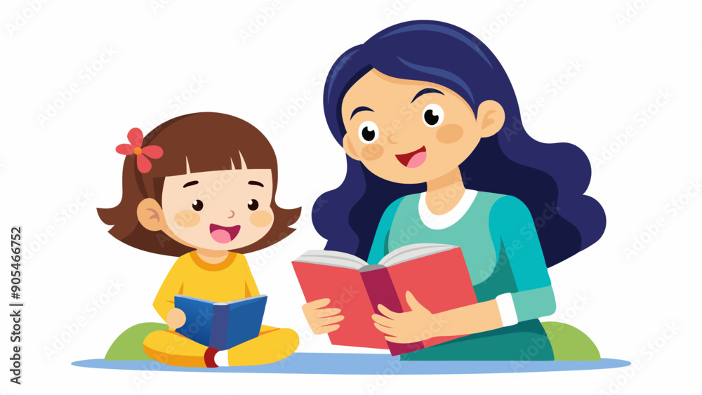 cute girl read books with mom vector illustration cute girl read books with mom vector illustration
