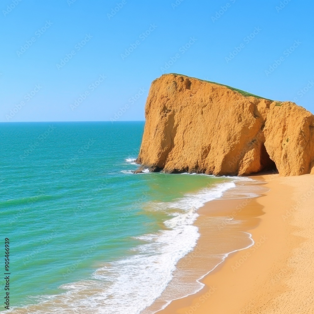 Large rock formation on sandy beach with turquoise ocean and blue sky background Large rock formation on sandy beach with turquoise ocean and blue sky background