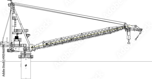 Vector sketch illustration of tower crane design drawing for large industrial construction