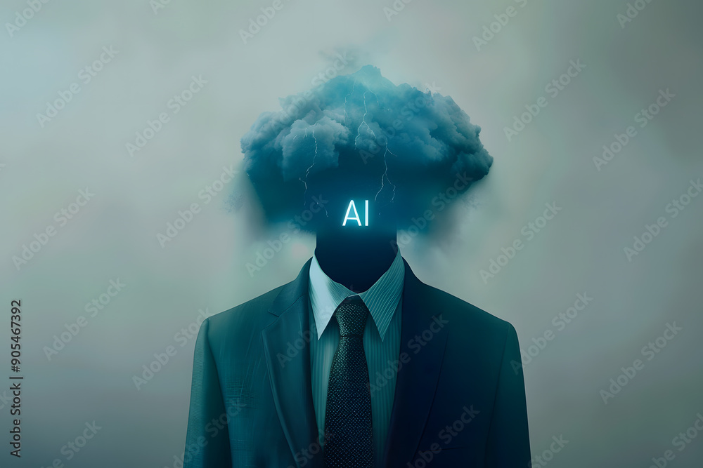 Virtual cloud storage with interaction with AI. Cloud, letters AI and man in suit on white background
Virtual cloud storage with interaction with AI. Cloud, letters AI and man in suit on white background