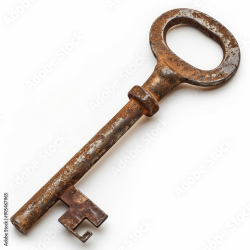 Medium shot of old key, isolated on a white background, bright and vivid tonality 