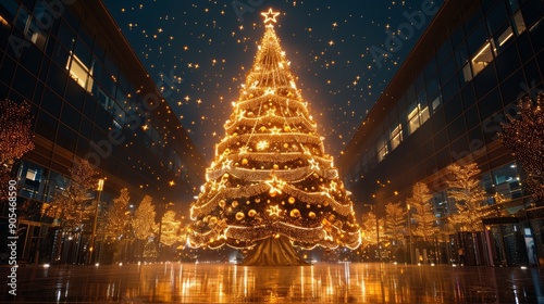 Festive Christmas Tree Illuminated in City Courtyard Surrounded by Twinkling Lights During Evening Celebration