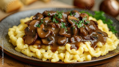 German spaetzle with gravy and mushrooms, served on a plate photo