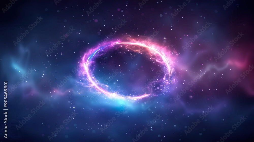 Fototapeta premium Abstract cosmic ring with glowing light and nebula background.