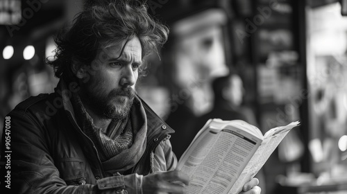 Man Reading Book in Urban Cafe During Rainy Afternoon With Windy Hair and Thoughtful Expression