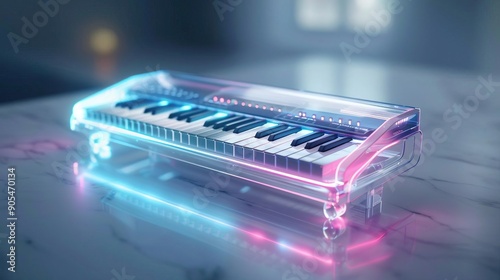 Futuristic transparent piano with neon lights on a marble surface.