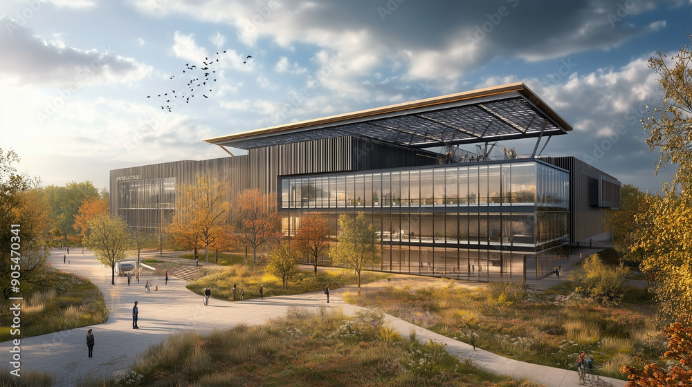Modern Sustainable Campus Building in Autumn Modern Sustainable Campus Building in Autumn