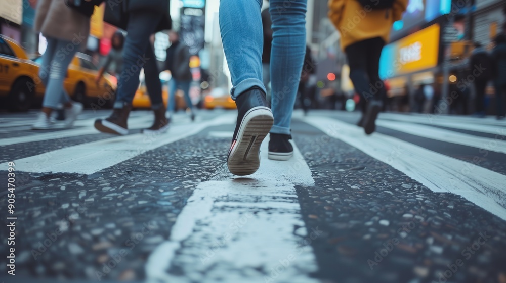 Fototapeta premium People legs crossing the pedestrian crossing in New York city