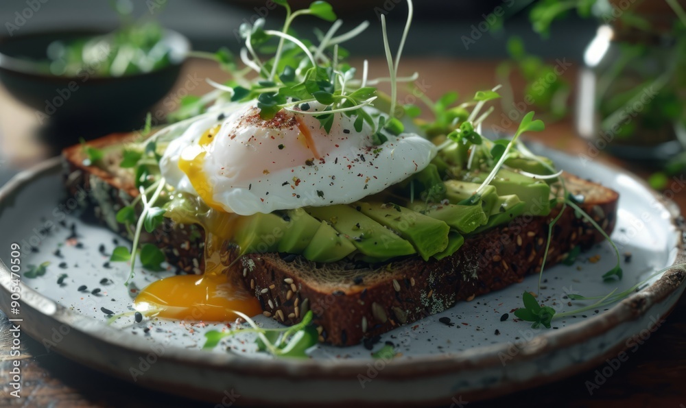 Whole grain toast with smashed avocado and poached egg, garnished with microgreens