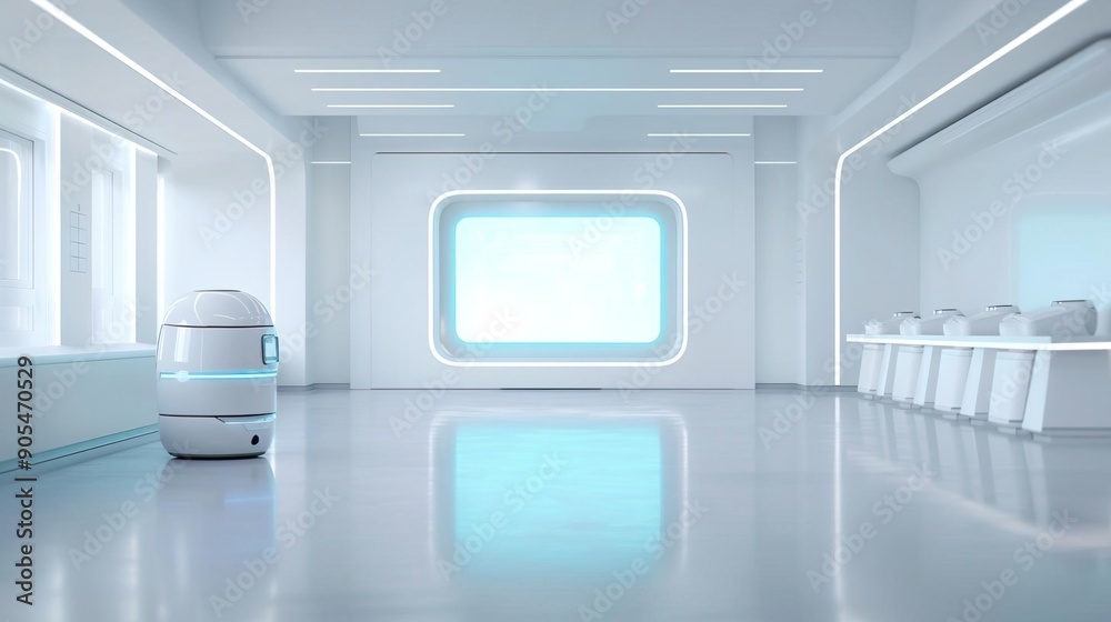 Futuristic office interior with a robot and a large screen. Futuristic office interior with a robot and a large screen.