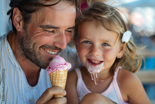 Father and daughter enjoying an ice cream cone together on a hot summer day