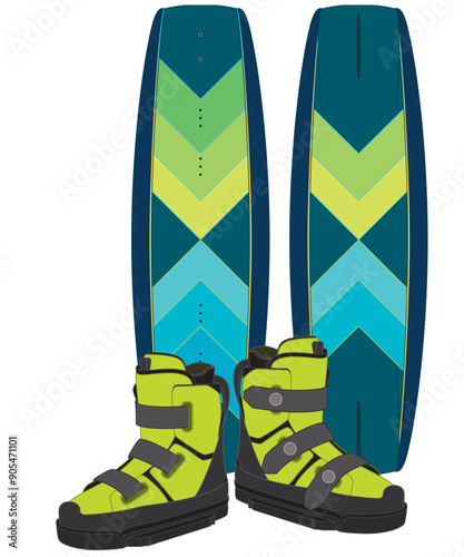 wakeboarding, both sides of the wakeboard standing up and a pair of boots isolated on a white background