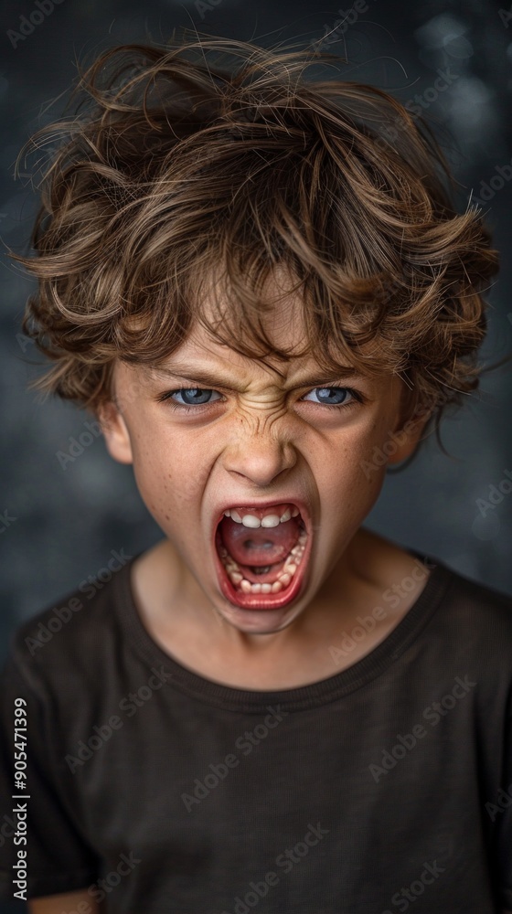 A boy with striking features: deep blue eyes, wavy brown hair, and intense gaze. His rebellious look, anger, and anguish are vividly portrayed through a black T-shirt and intense expression. A boy with striking features: deep blue eyes, wavy brown hair, and intense gaze. His rebellious look, anger, and anguish are vividly portrayed through a black T-shirt and intense expression.